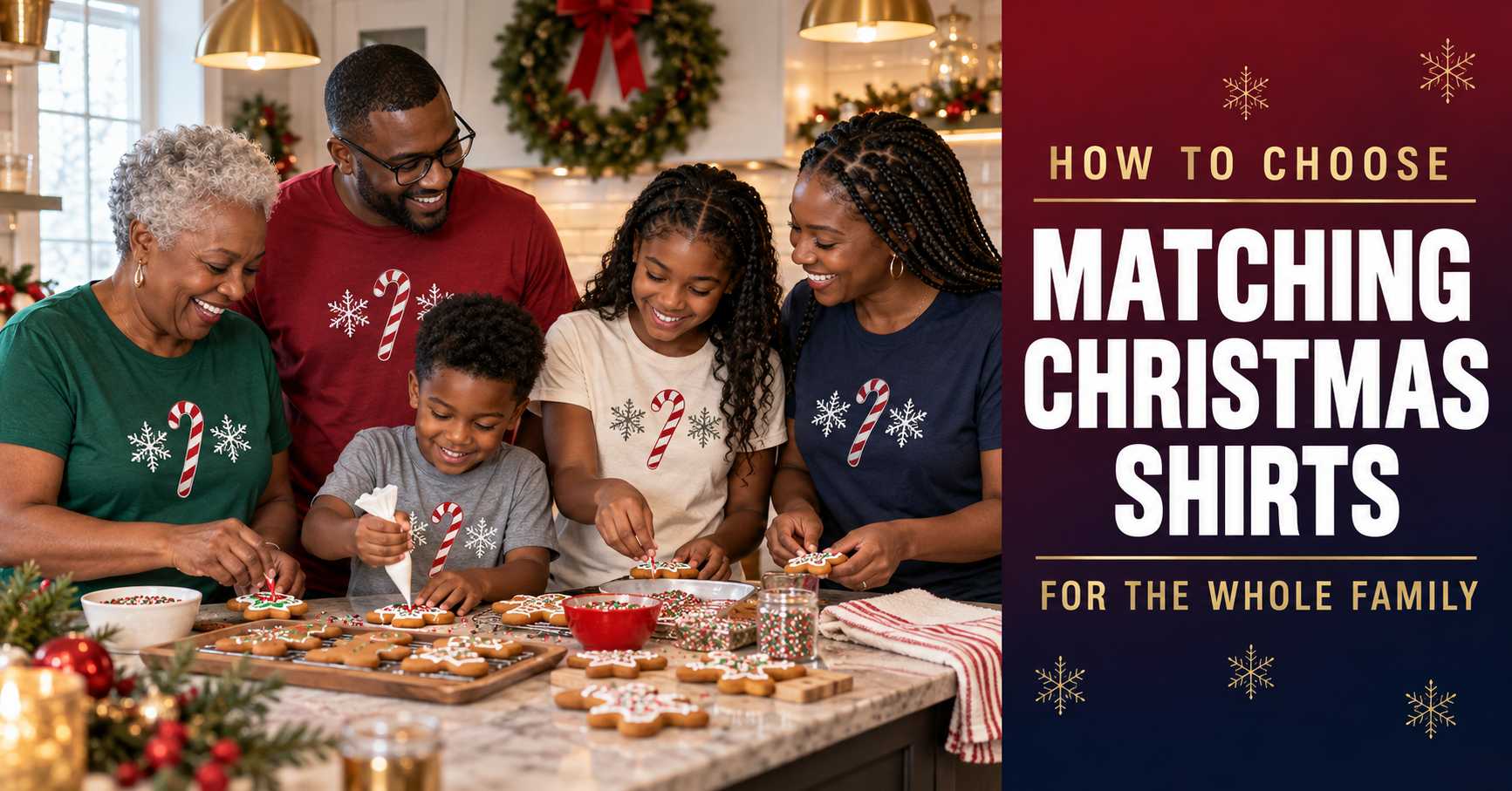 Multigenerational family wearing matching Christmas shirts while decorating holiday cookies