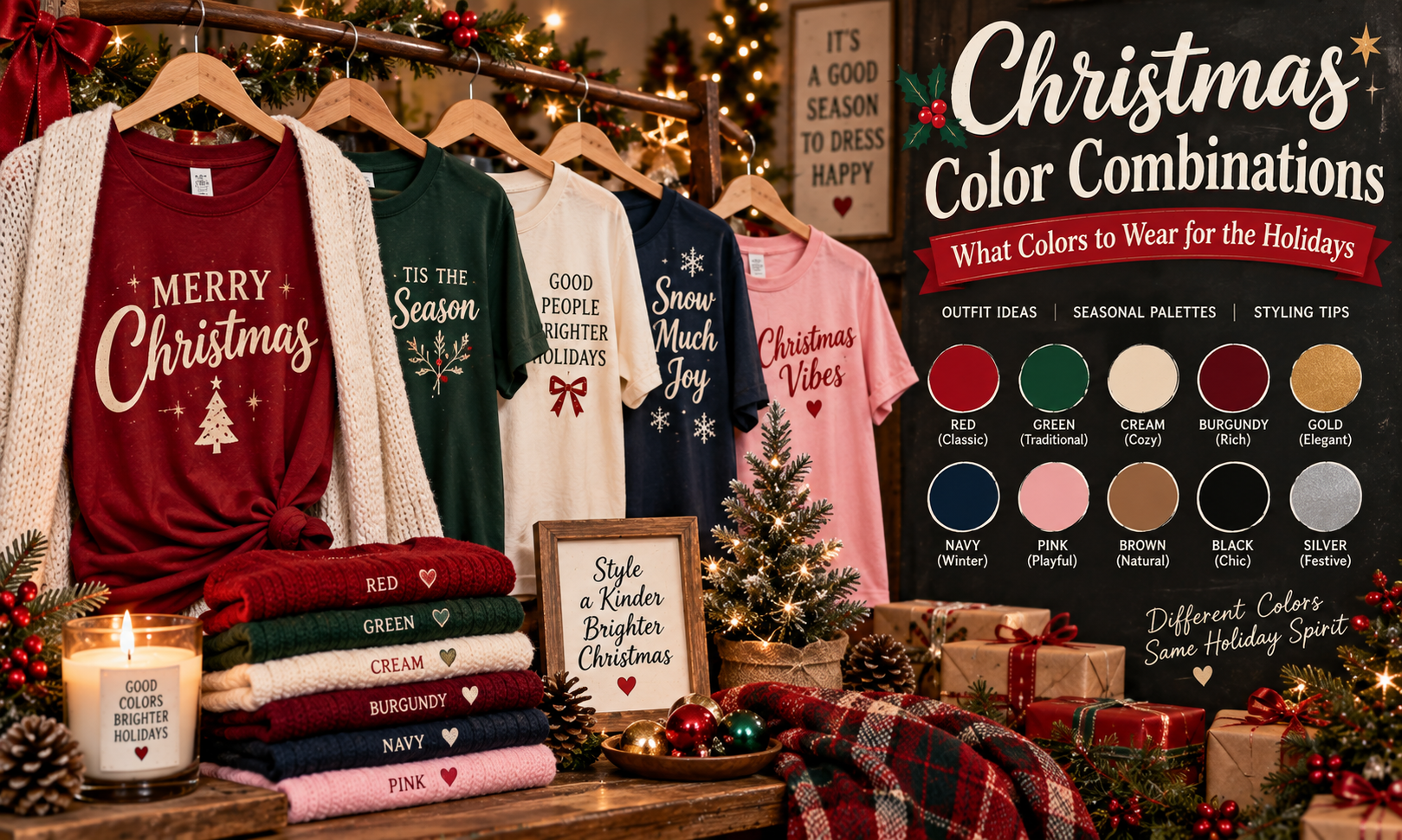 Christmas Color Combinations: What Colors to Wear for the Holidays 1 Christmas color combinations featuring red, green, cream, burgundy, gold, navy and other festive holiday outfit colors
