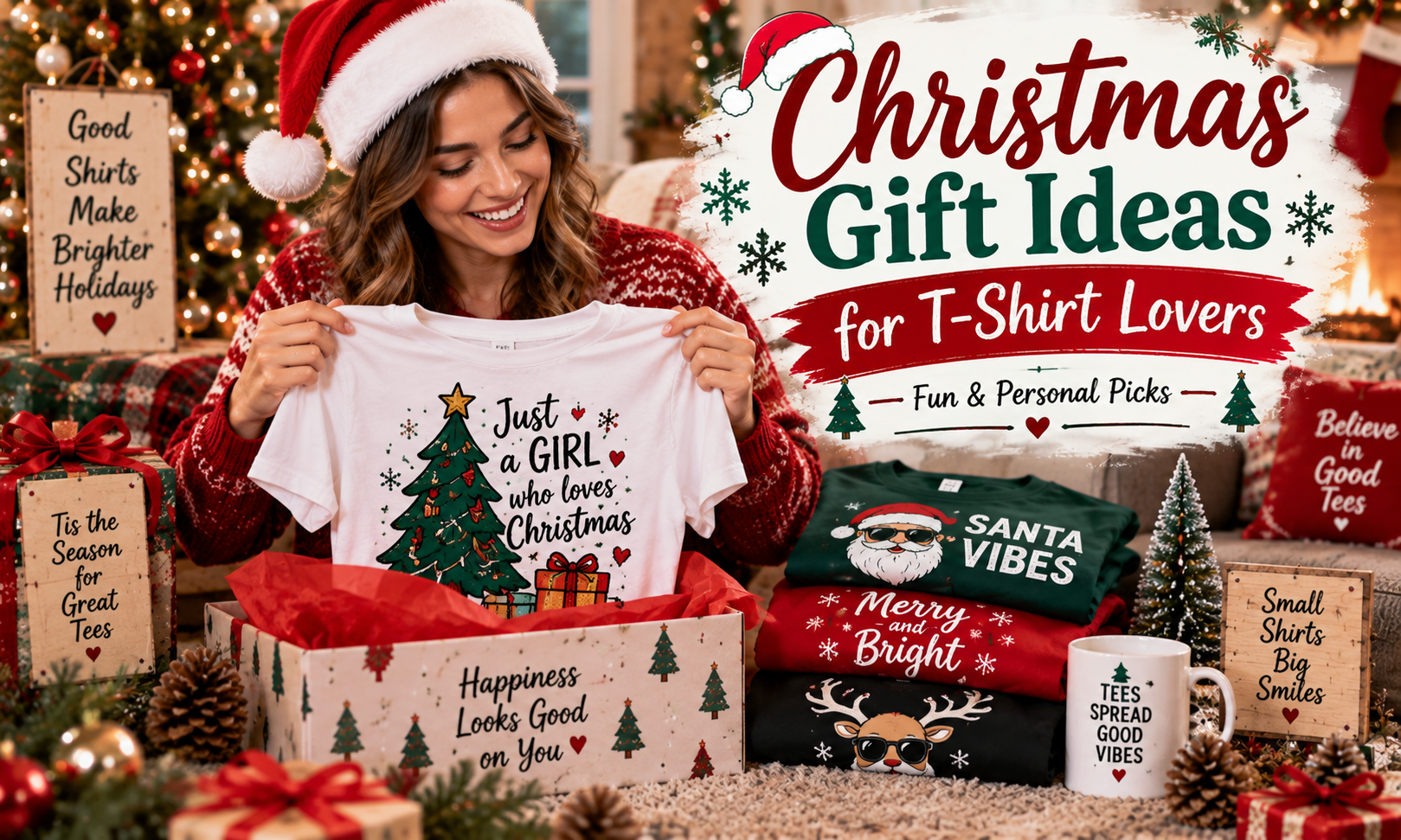 Christmas gift ideas for T-shirt lovers featuring fun and festive graphic tees