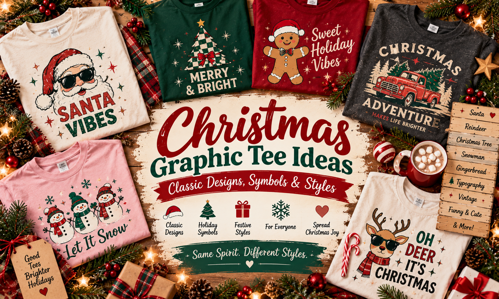 Christmas Graphic Tee Ideas: Classic Designs, Symbols & Styles 1 Christmas graphic tee ideas featuring classic Santa, reindeer, Christmas tree, snowman and gingerbread designs