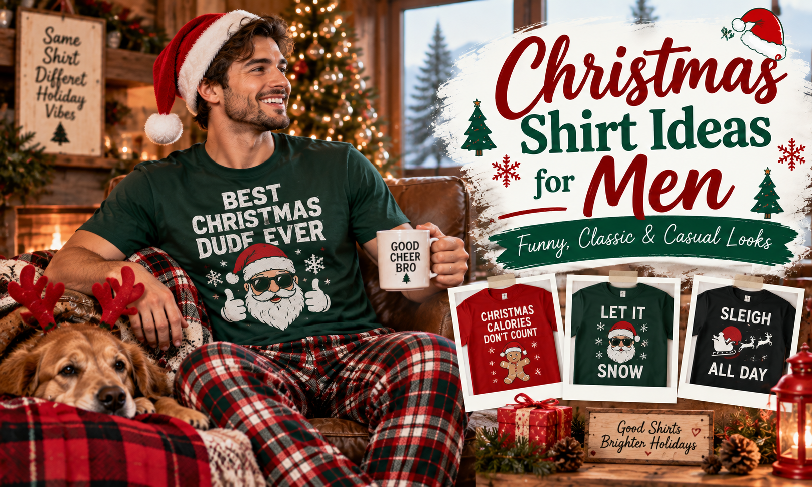 Christmas shirt ideas for men featuring funny, classic and casual holiday looks