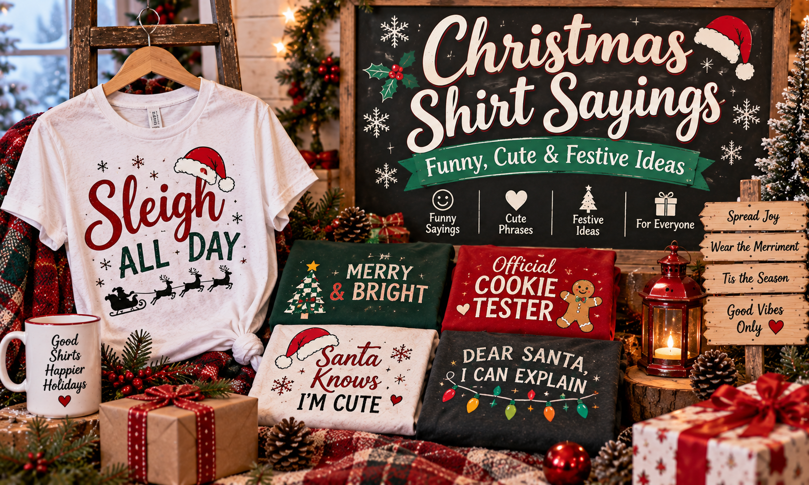 Christmas shirt sayings featuring funny, cute and festive holiday phrases for graphic T-shirts
