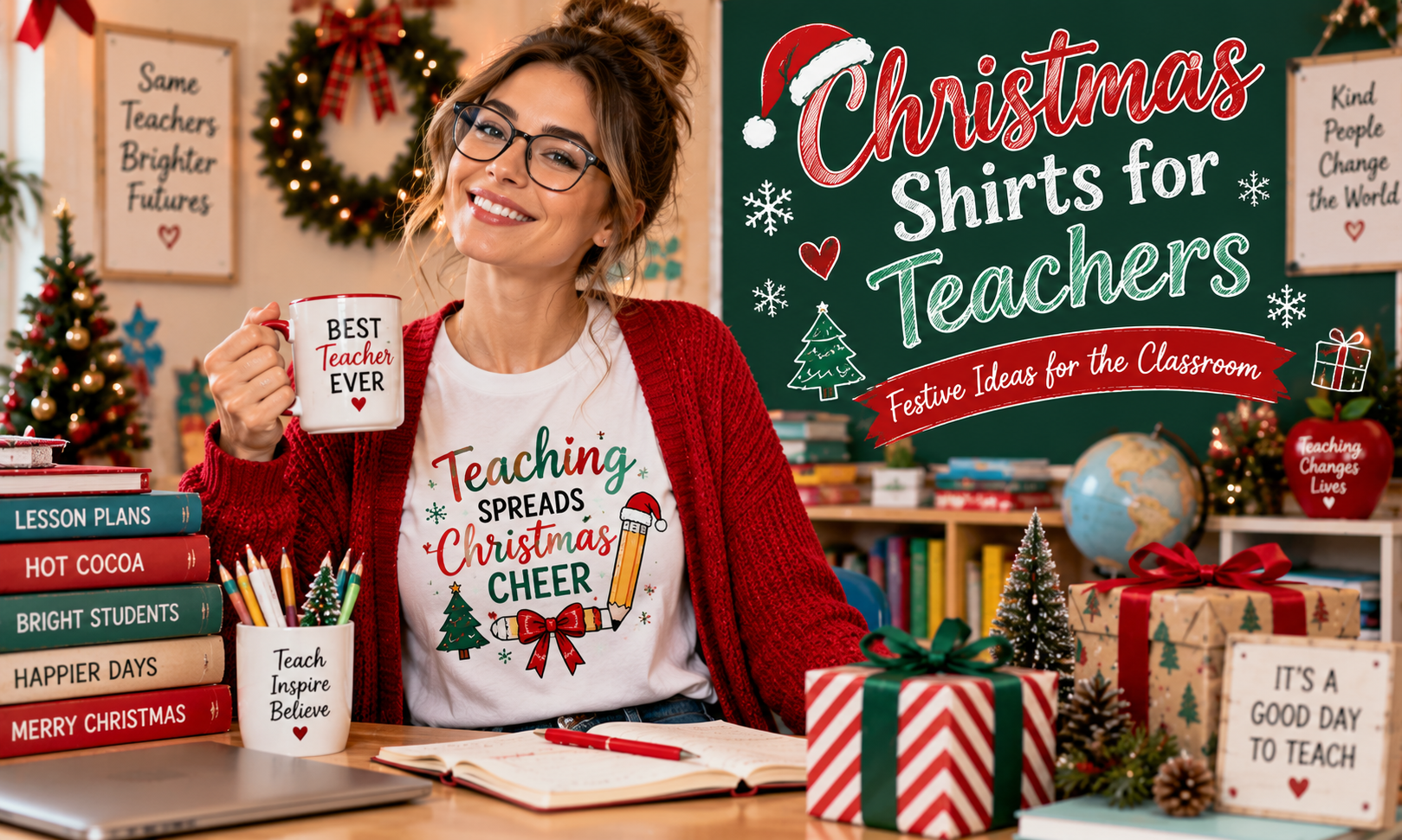 ALT: Christmas shirts for teachers featuring festive classroom holiday shirt ideas