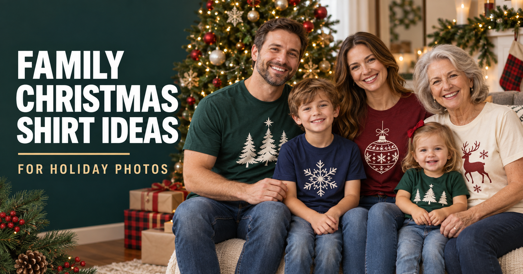 Family Christmas Shirt Ideas for Holiday Photos 1 Family wearing coordinated Christmas shirts for holiday photos