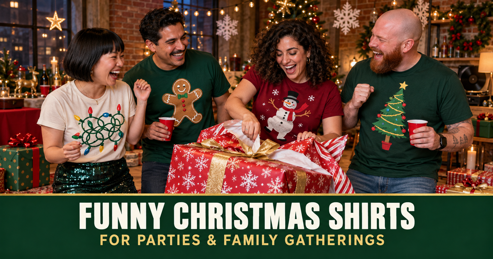 Funny Christmas Shirts for Parties and Family Gatherings 1 Friends wearing funny Christmas shirts at a holiday gift exchange party