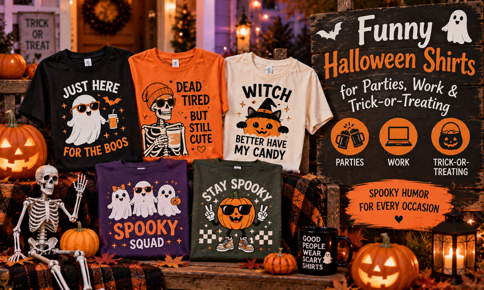 Funny Halloween shirts for parties, work and trick-or-treating featuring humorous ghost, skeleton, witch and pumpkin graphic tees