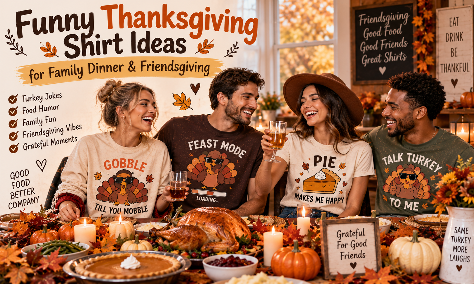 Funny Thanksgiving shirt ideas for family dinner and Friendsgiving featuring humorous turkey, pie and feast graphic tees