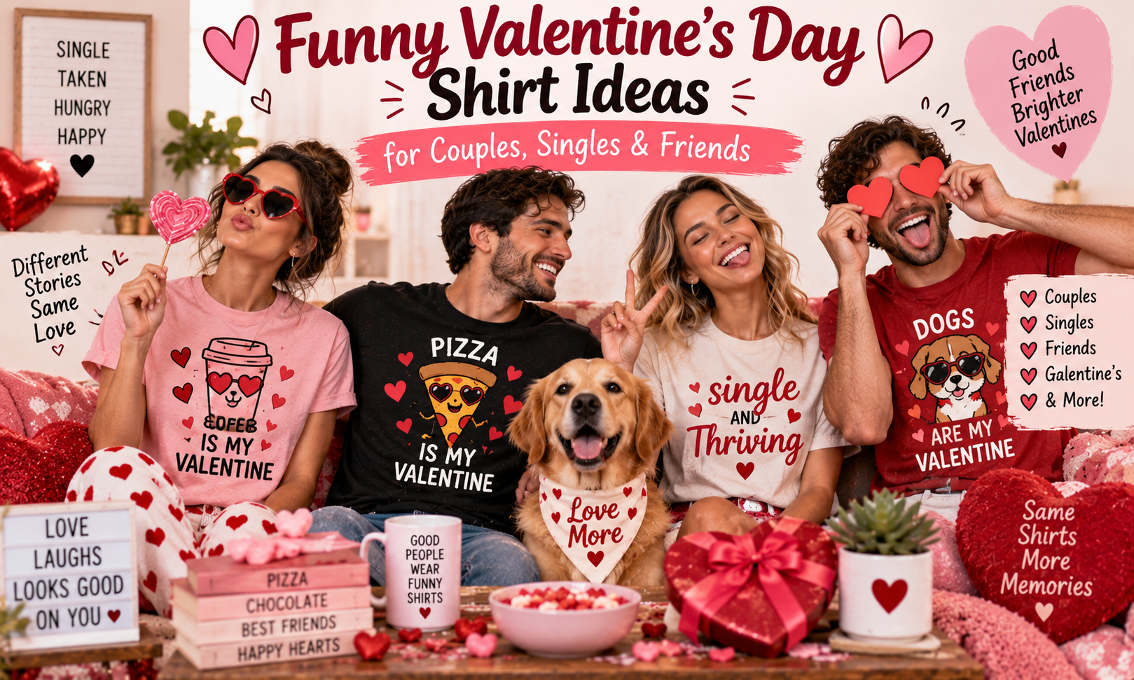 Funny Valentine’s Day shirt ideas for couples, singles and friends featuring humorous love, pizza, coffee and pet-themed graphic tees