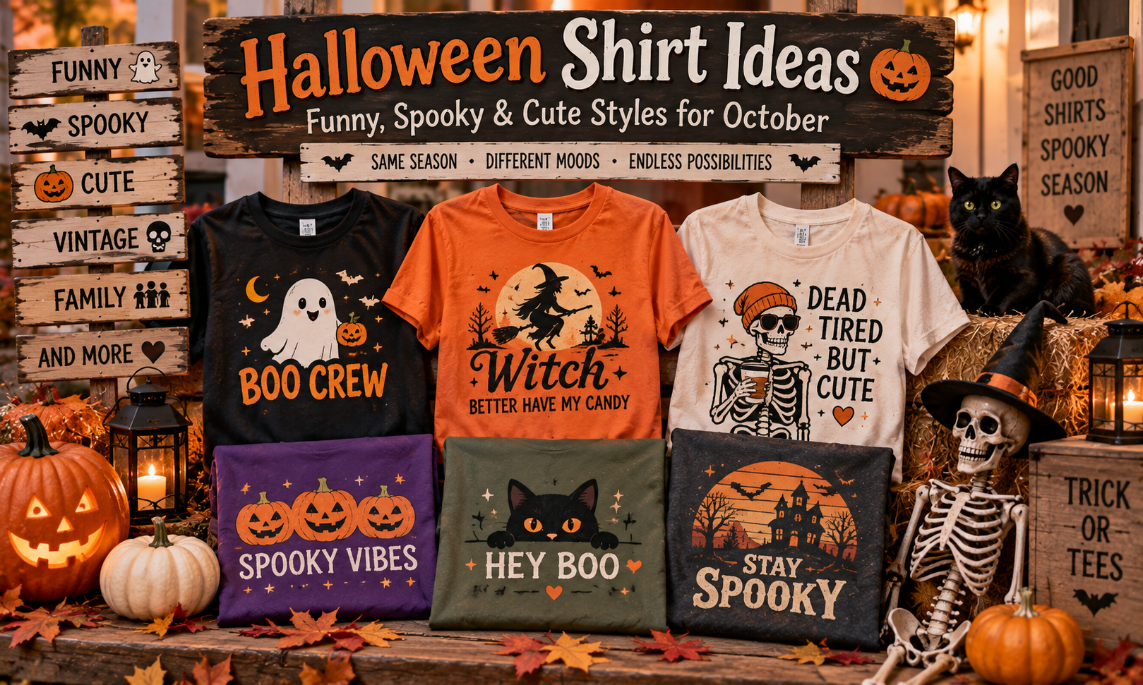 Halloween shirt ideas featuring funny, spooky and cute graphic T-shirts with ghosts, witches, skeletons and pumpkins for October