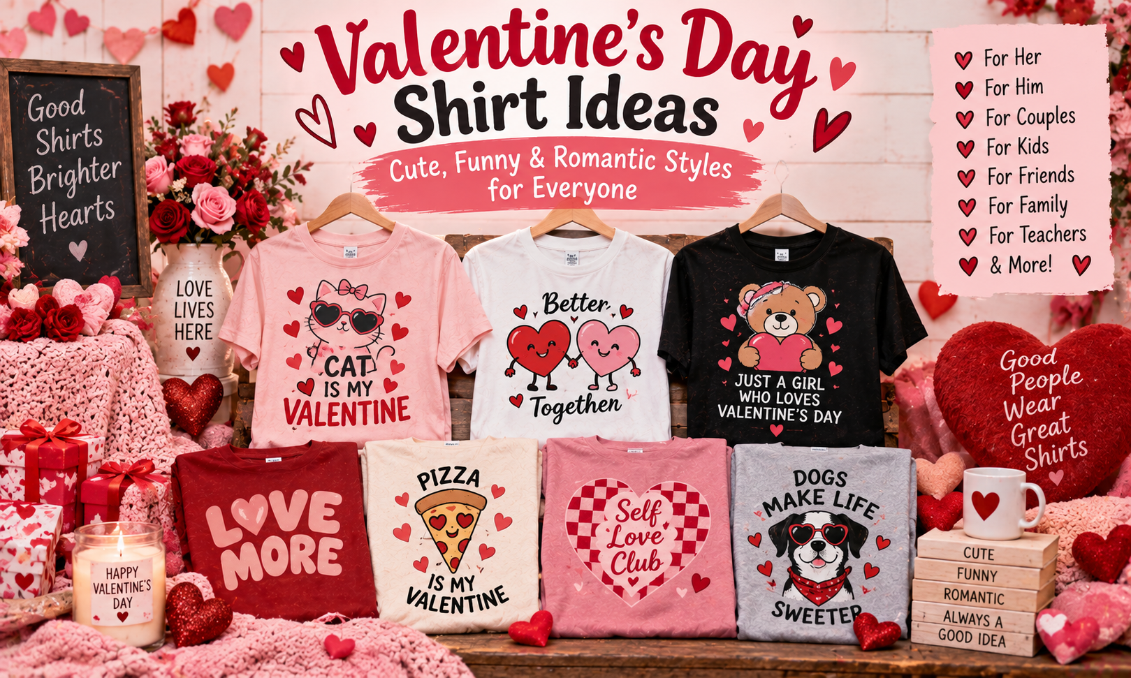 Valentine’s Day shirt ideas featuring cute, funny and romantic graphic tees for women, men, couples, kids and friends
