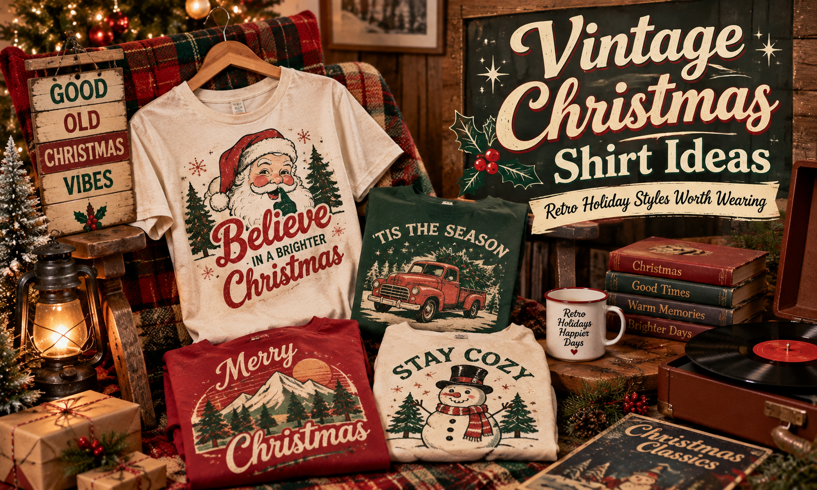 Vintage Christmas shirt ideas featuring retro Santa, classic holiday graphics and nostalgic Christmas T-shirts