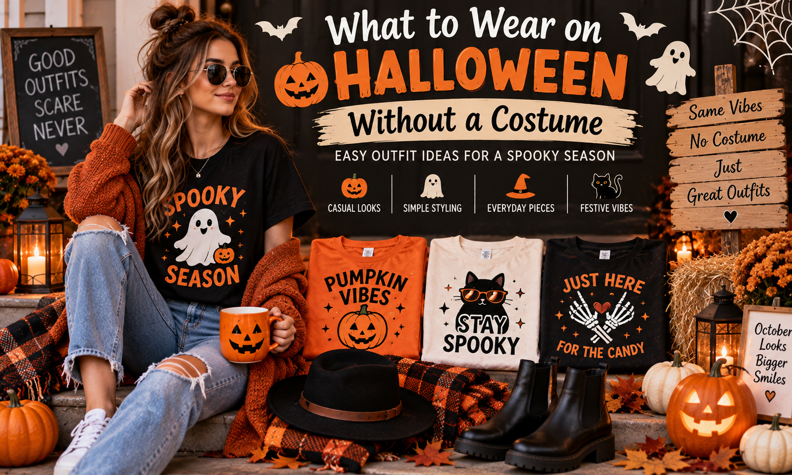 What to wear on Halloween without a costume featuring an easy casual outfit with a spooky graphic T-shirt, jeans and fall layers