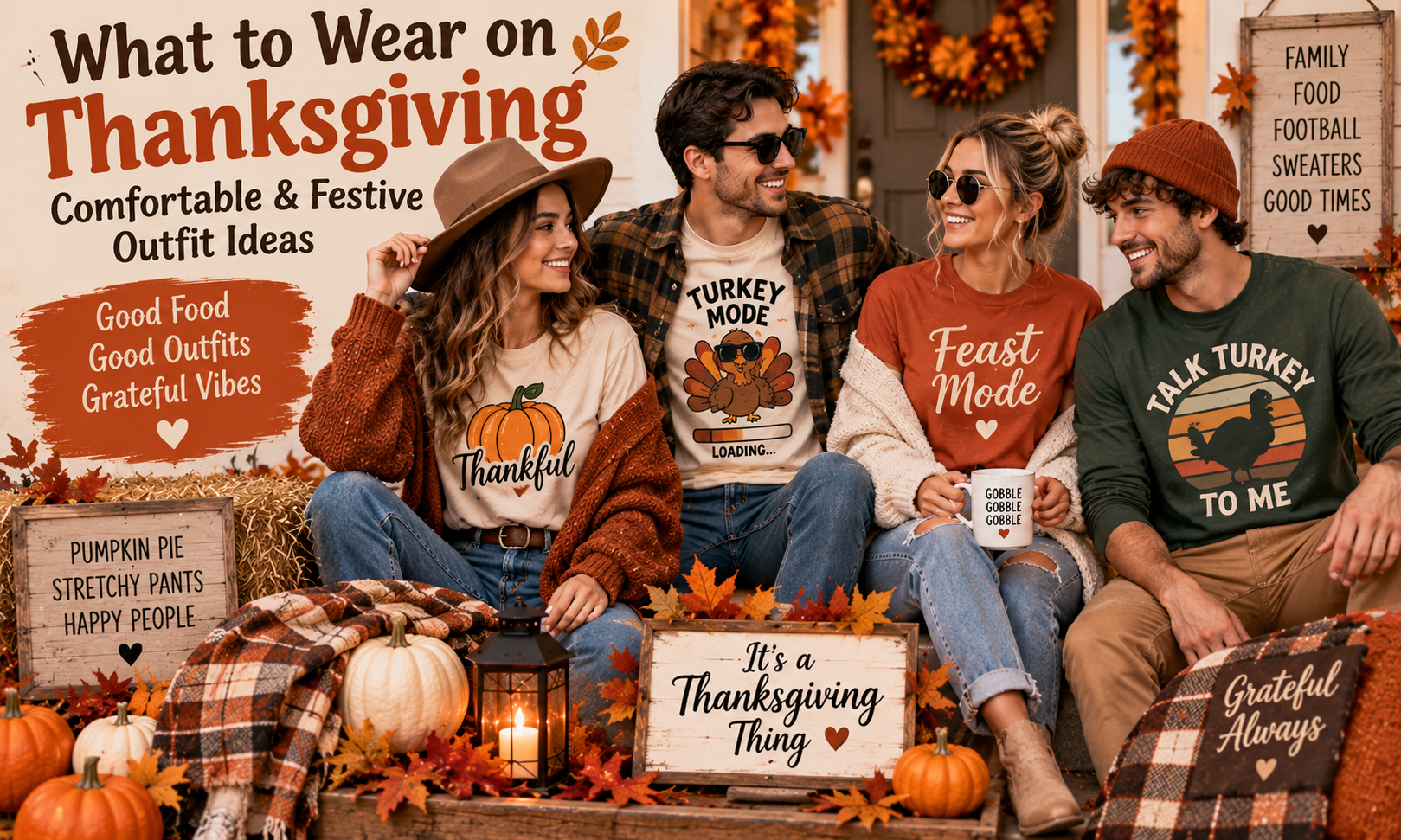 What to wear on Thanksgiving with comfortable and festive outfit ideas featuring graphic tees, jeans and cozy fall layers
