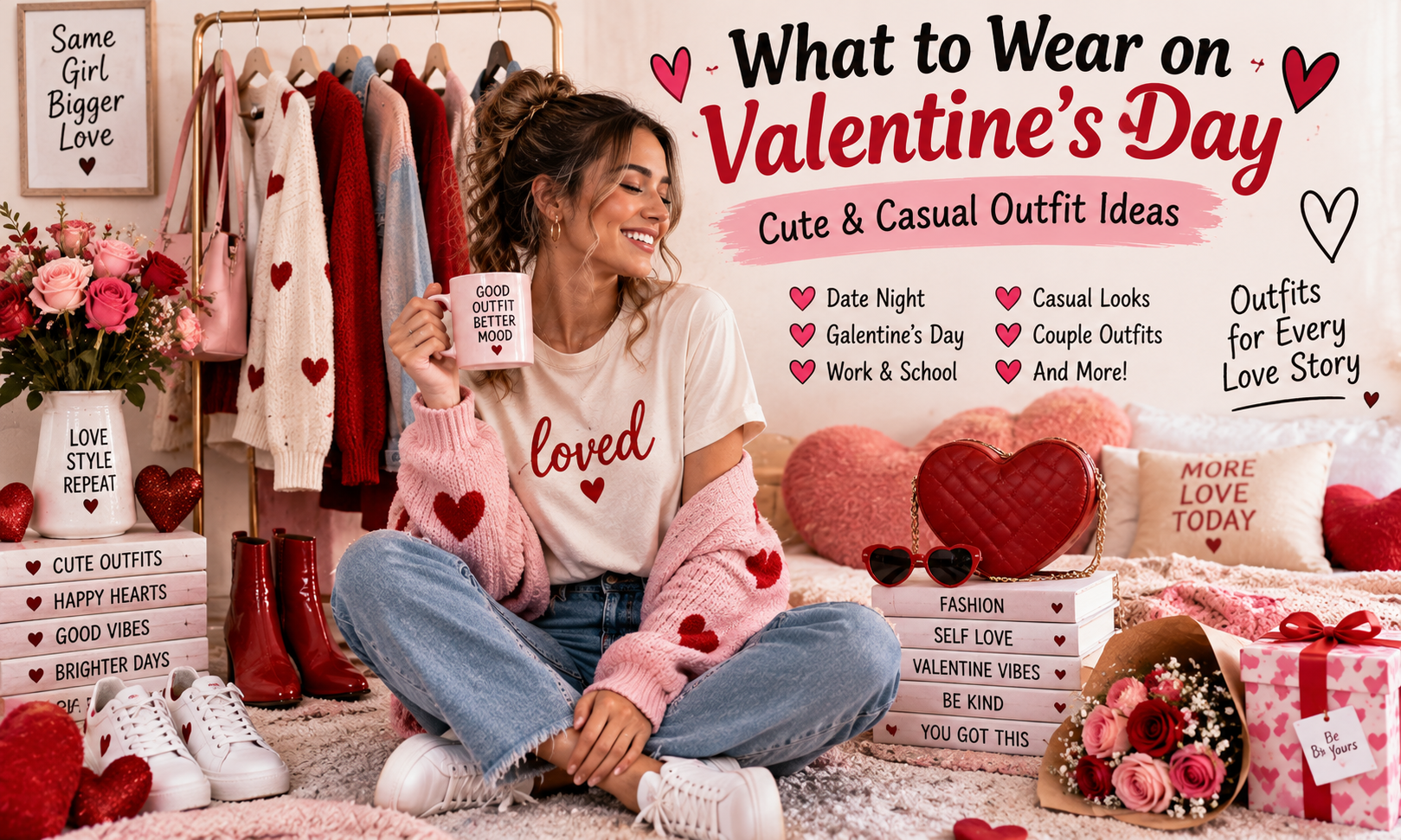 What to wear on Valentine’s Day with cute and casual outfit ideas for date night, Galentine’s Day, work and everyday celebrations